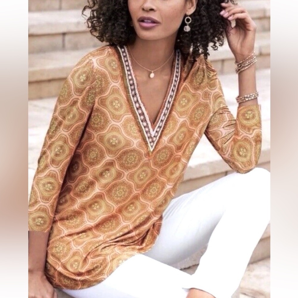 NWT Soft Surroundings Beaded V-Neck Tile Print Tunic Top Size L